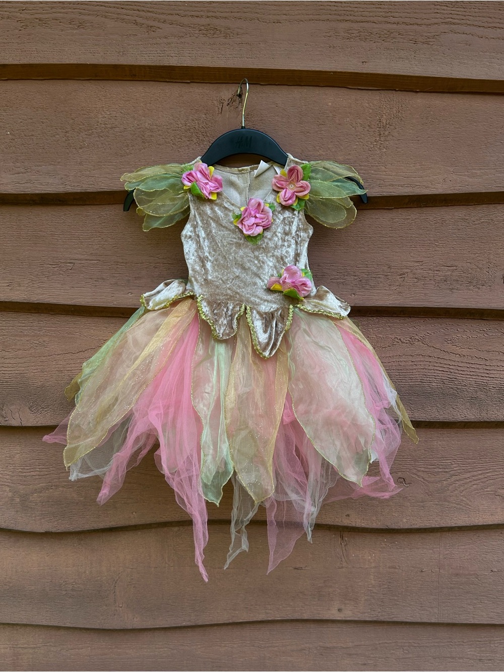 Y2K Fairy Dust Girls Gold Crushed Velvet Flower Petal Fairy Costume Dress